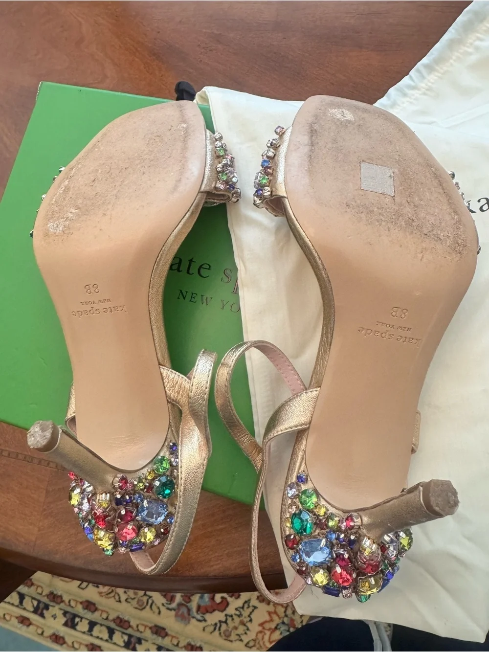 kate spade Gold Embellished Strappy Heels with Multicolor Gems